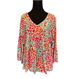 Lily Maes Boho Tunic Top V Neck 3/4 Sleeve Colorful Print Blouse Size‎ Small